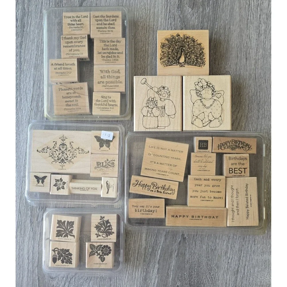 WOOD-MOUNTED STAMP Lot Scripture Bible Happy Birthday Angels Peacock Butterfly